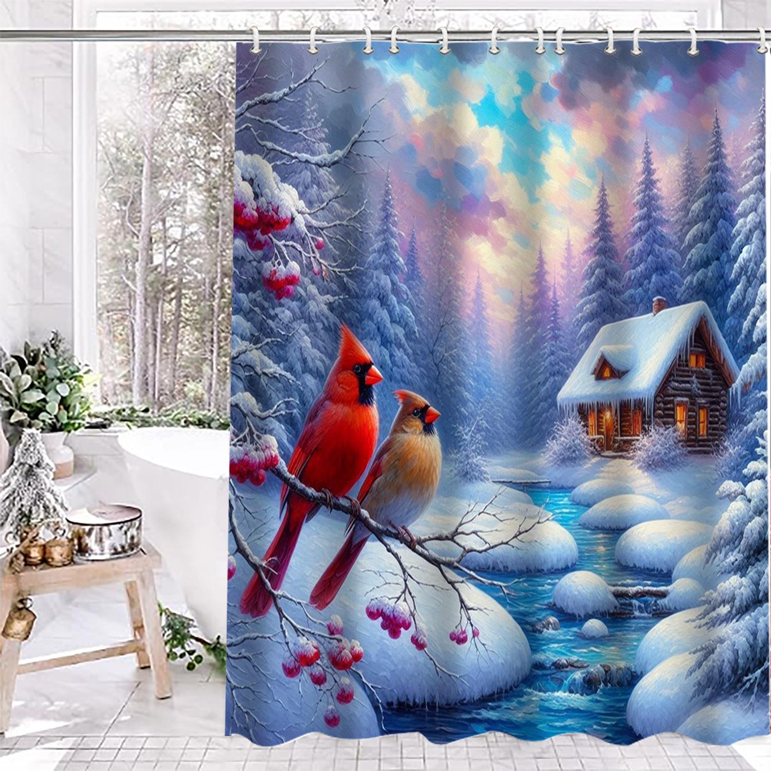 

Christmas Festival Decorations Snow View Bird Pattern Bathroom Shower Curtain With 12 Hooks Home Bathroom Decor And Accessories W60H190(CM)-1 Pcs