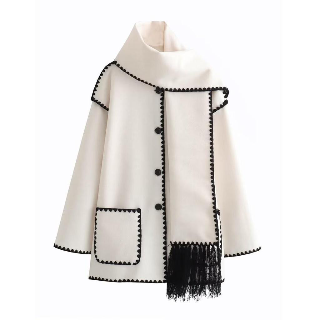 Autumn 2023 Women's Cross-Border Street Fashion Woolen Coat with Scarf Embellishments.