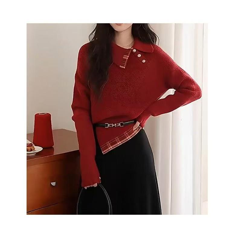 Women's Red Korean Style Sweater - Irregular Lapel Knitwear, Loose Fit, Slimming Design for Autumn/Winter
