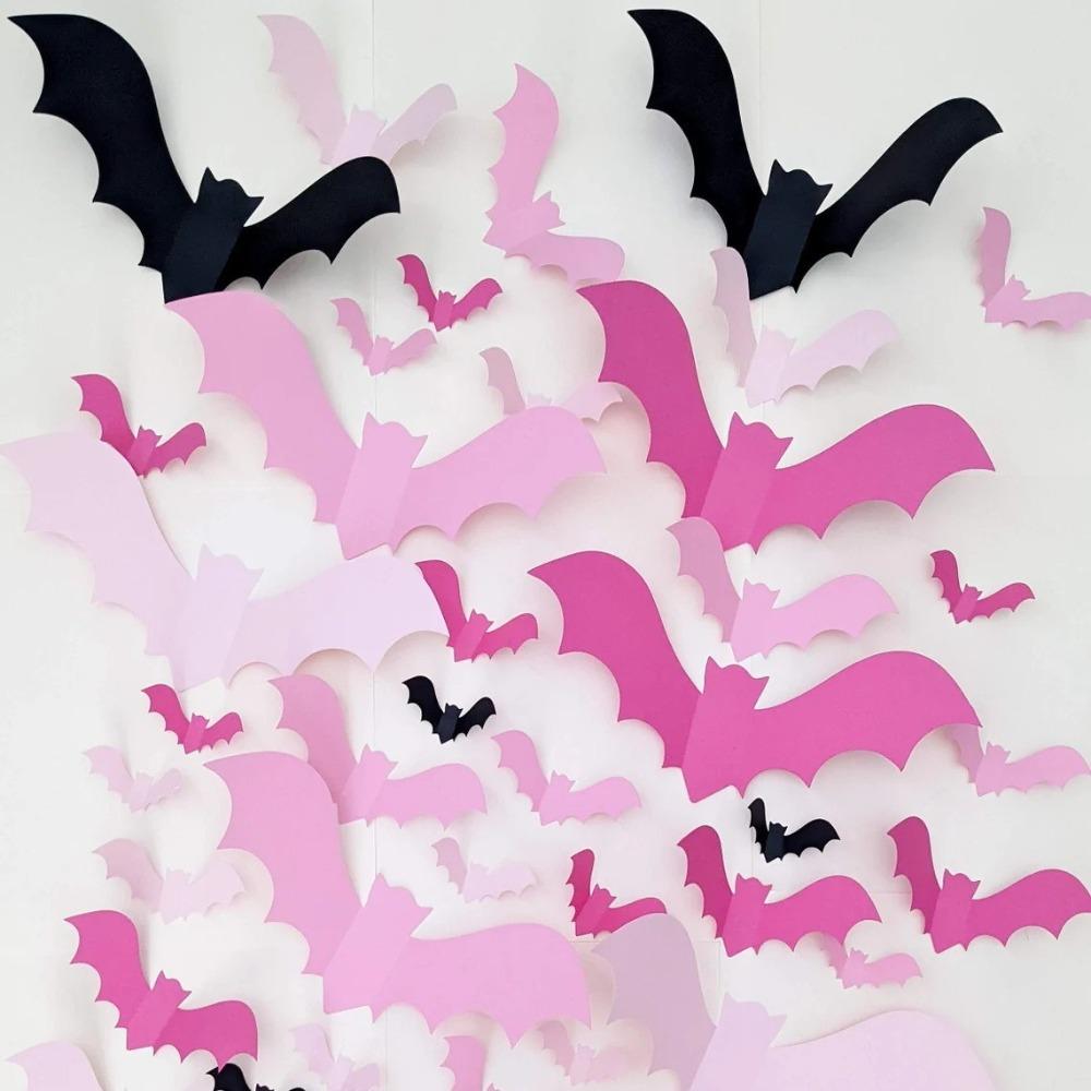 32PCS 3D Pink Bats Halloween Window Bat Stickers Wall Decal  Halloween Party Decorations
