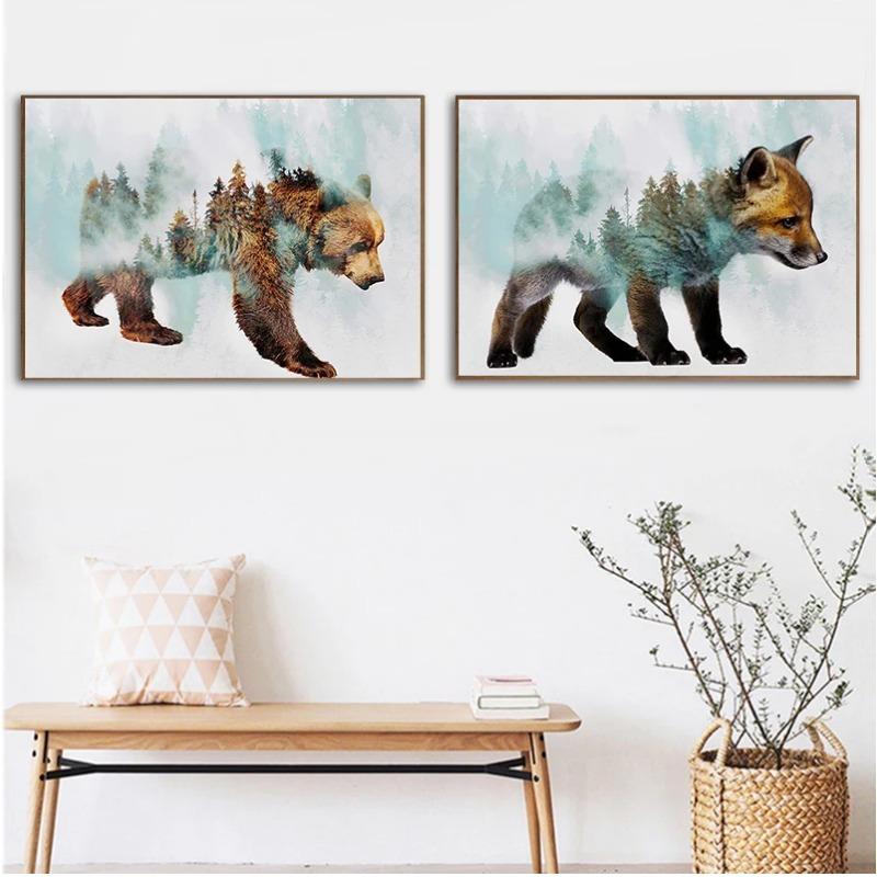 Landscape Forest Bear Fox Wolf Nordic Posters And Prints Wall Art Canvas Painting Abstract Animal Wall Pictures For Kids Room