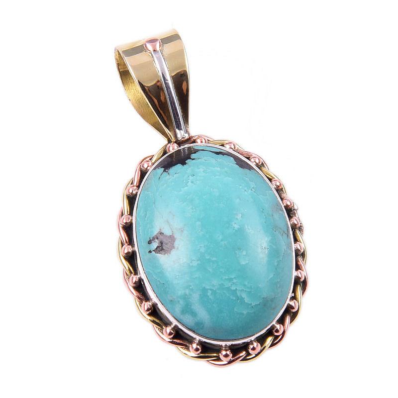 Natural Tibetan Turquoise Gemstone 925 Solid Silver Two Tone Pendant 1.25'' g6K41