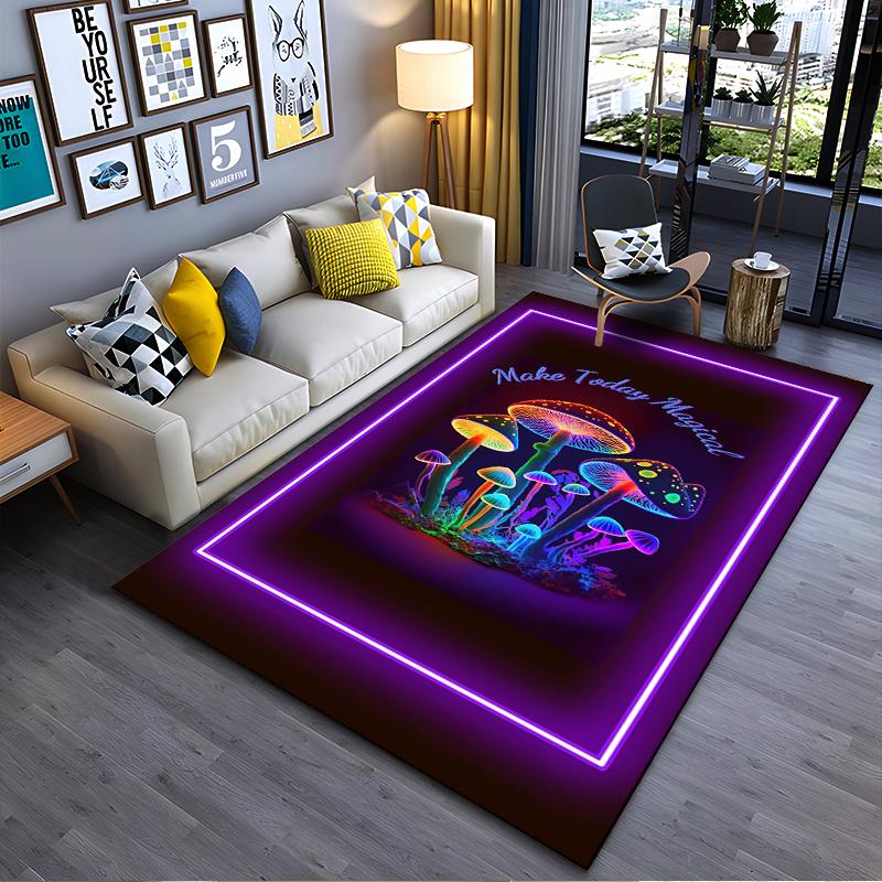"Colorful Neon Mushrooms Art Design Rug - Non-slip Rug Suitable for Living Room and Bedroom Sofas"