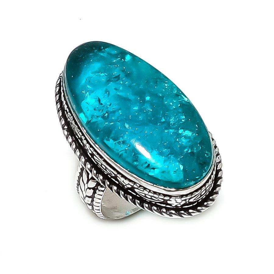 Blå Bärnsten Ädelsten Handgjord 925 Sterlingsilver Smycke Ring Storlek 8 k2J41