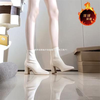 French High-heeled Velvet Small Short Boots Square-headed Thin Boots Women's 2025 New Beige Small Thick-heeled Martin Boots