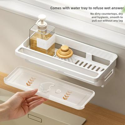 Sponge Holder for Kitchen Sink Wall Mount Sink Caddy with Drainage and Drip Tray Plastic Organizer for Countertop White