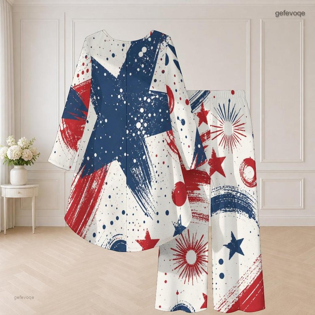 Women Plus Size Round Neck Long Sleeve Red Blue White Printed High Low Top Wide Leg Pants Two Piece Set