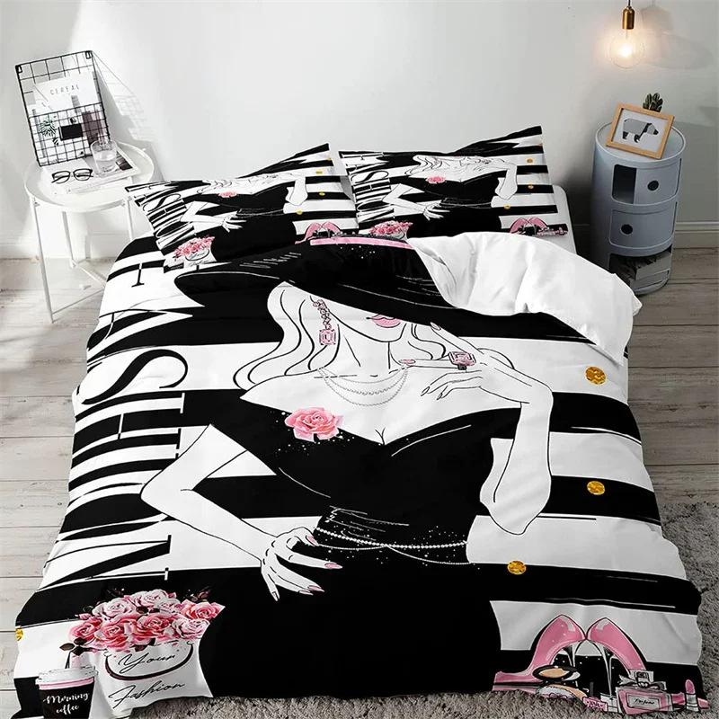 Hello Gorgeous Duvet Cover Rose Gold Shiny Eyelashes Makeup Charming Girl Fashion Bedding Three-piece Set
