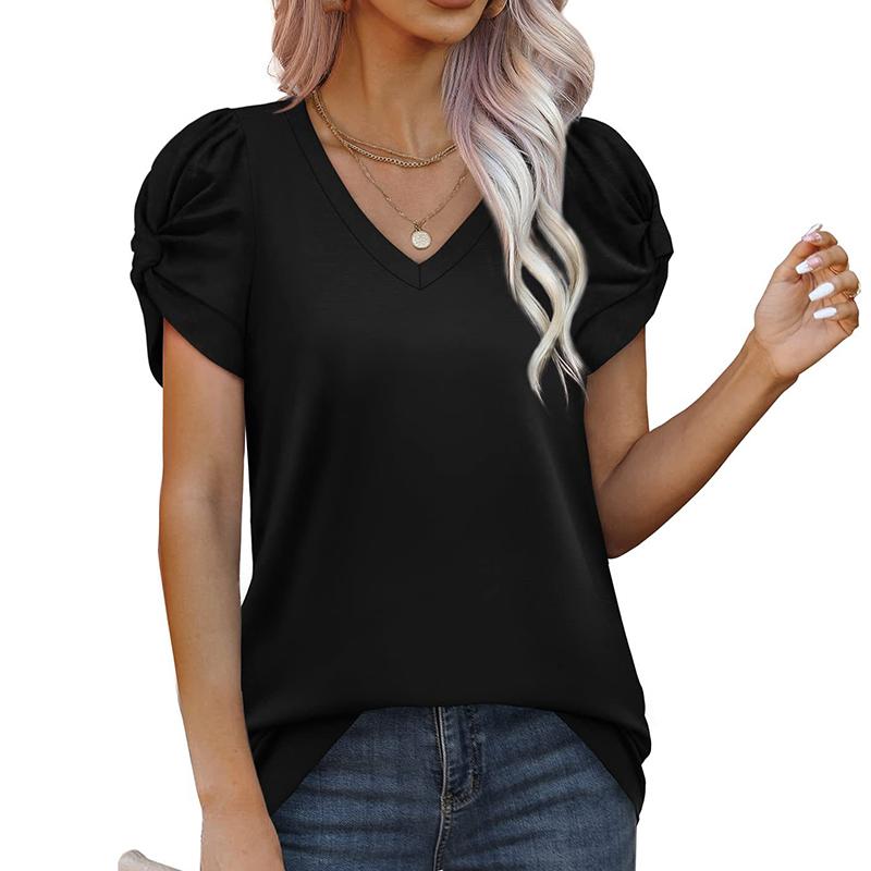 Ladies Summer Knot Short Sleeve V Neck Solid Color Pullover T Shirt Top