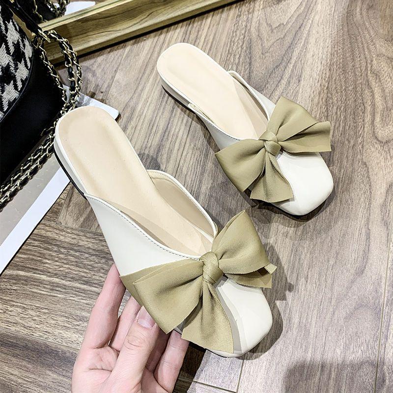 Woman Mules Low Heel with Bow Shoes for Women Slides Black Sandals 2025 Luxury Slip-resistant H Sandal Chic and Elegant Slippers