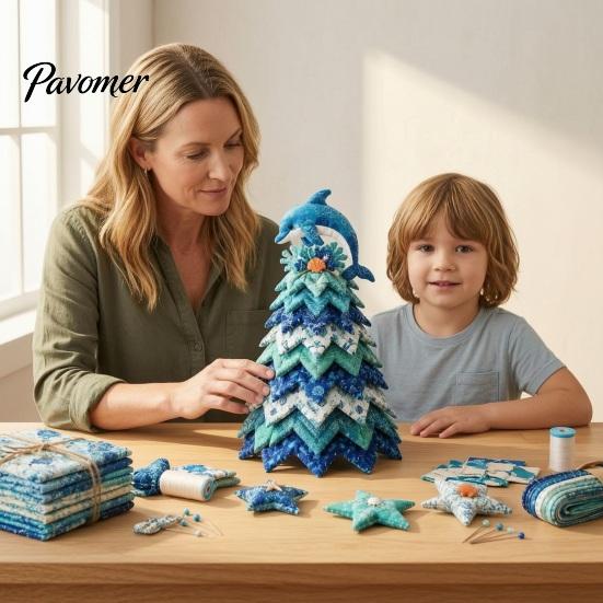 Educational Ocean Crafting Kits 2PCS DIY Quilted Sewing Christmas Tree Kit, Whale+Crab/Turtle+Octopus Marine Theme, Artistic Party Activities for Kids
