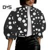 Giacca da donna con colletto alto, stampa a pois abbinata, chiusura con cerniera, corta, ampia, a maniche lunghe, cardigan casual da donna