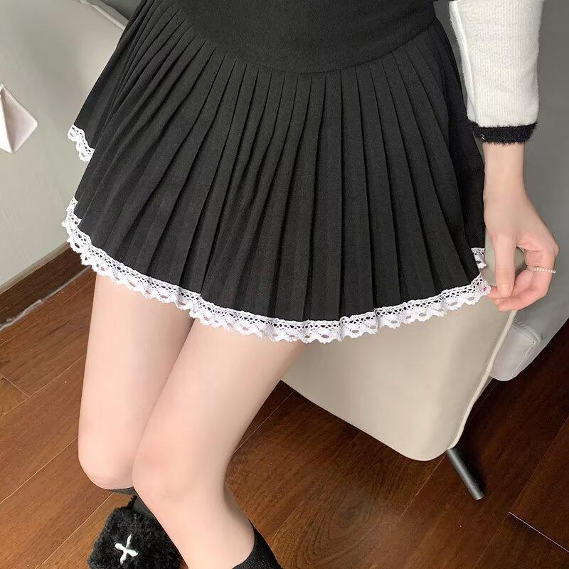 

Женская шерстяная плиссированная юбка А-силуэта большого размера с кружевной отделкой - Завышенная талия, объемный дизайн для весны и осени 2XL чёрный