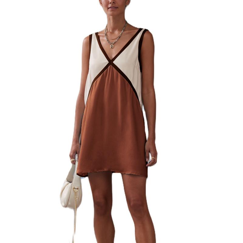 2026 New Women's Summer V-neck Color-Block Loose Sleeveless Tank Top Mini Dress