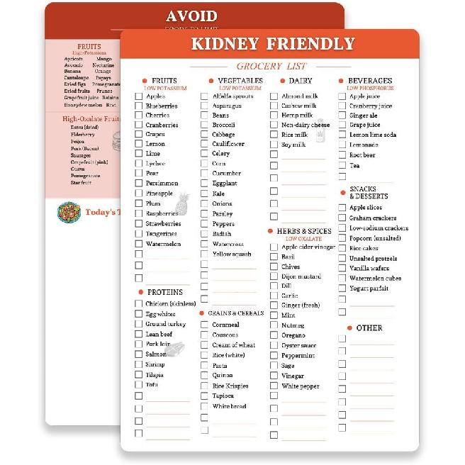 Reusable Kidney Friendly Food Grocery & Shopping List Guide, Kidney Friendly Diet Food Chart Meal Plan, Double Sided Erasable Material