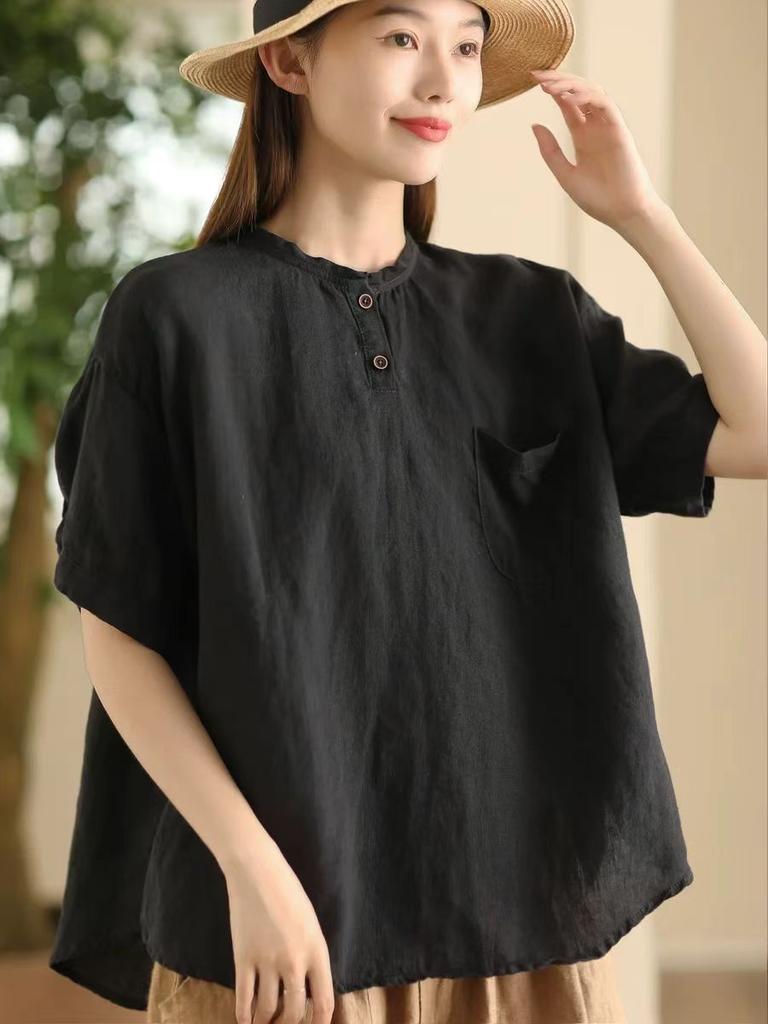 Johnature Women Vintage Patchwork Pockets T-Shirts O-Neck Short Sleeve Solid Color Summer Loose Casual T-Shirts