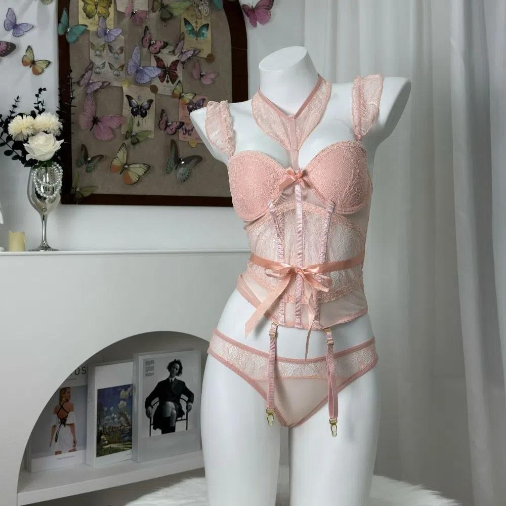 Slim Fit Women Lingerie Hollow Mesh Suspender Vest Elegant Lace Camisole Briefs Set  Cosplay Party