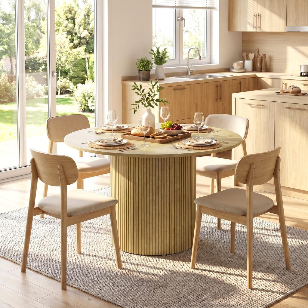 Modern Round Dining Table For 4 6 People 110 Cm Kitchen Table With Fluted Cylindrical Base Oak
