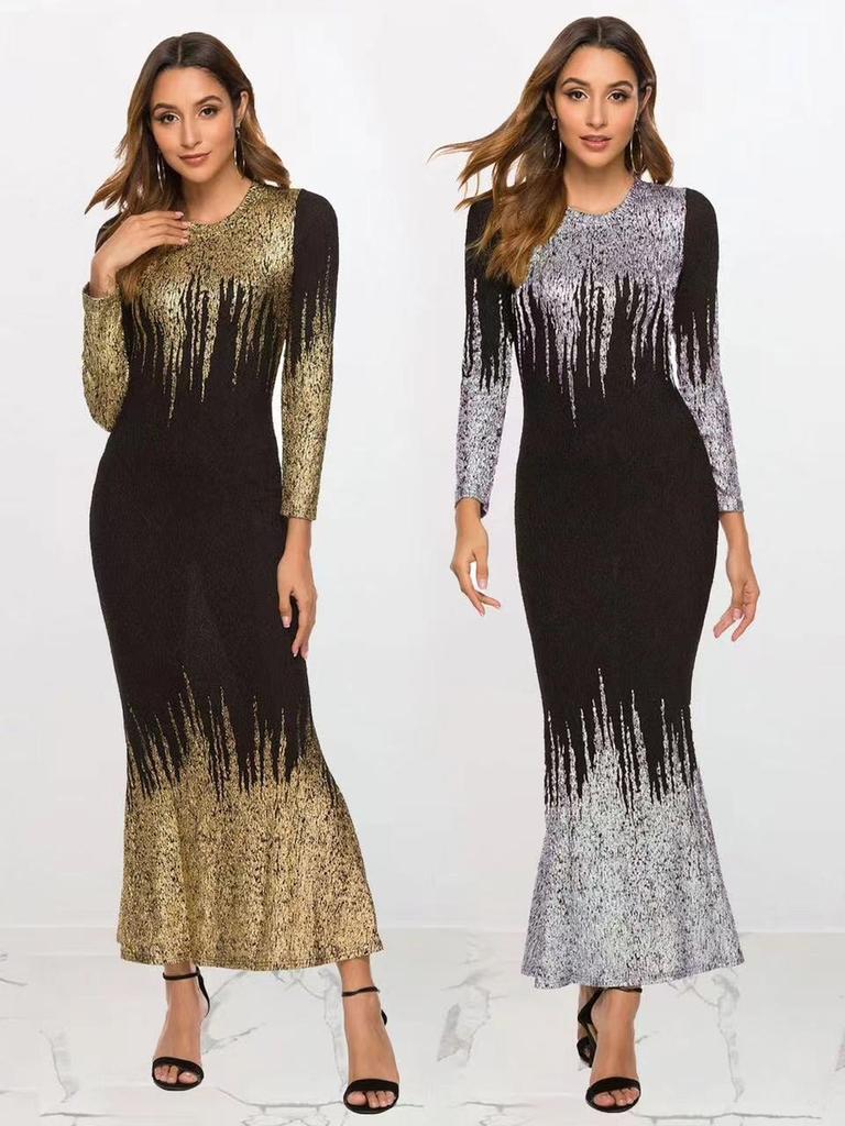 Nowa Sukienka z Nadrukiem Złotej Folii, Dopasowana, z Długim Rękawem, na Jesień/Zimę, Wieczorowa, z Trenem
