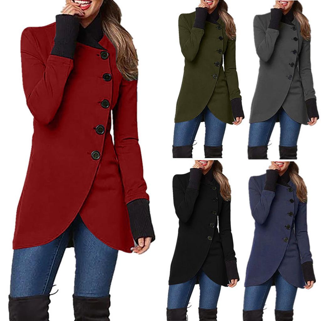 Women's Casual Fashion Solid Color Single Breasted Lapel Stitching Hem Slit Long Sleeved Jacket Coat