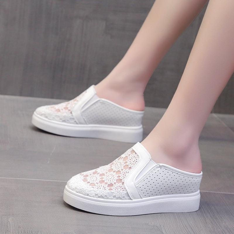 2024 Summer New Lace Mesh Breathable Baotou Half Slippers Femaleinternal Height Increase Wedges Small White Slides Women Sneaker