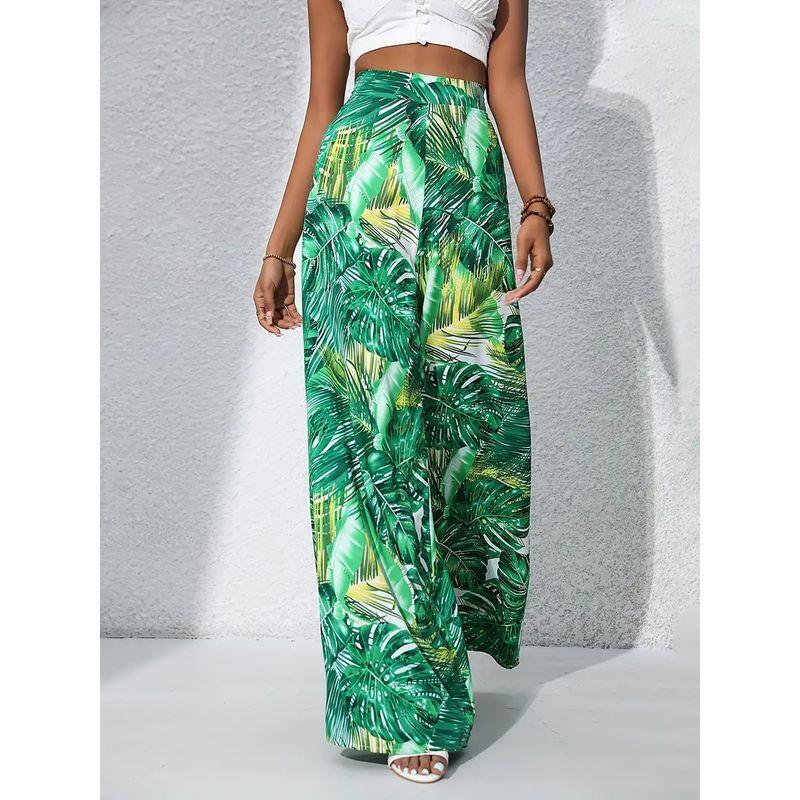 Cross-Border Bohemian Style Autumn New Fashion Leaves Print Loose Casual Elastic High Waist Wide Leg Pants Trousers