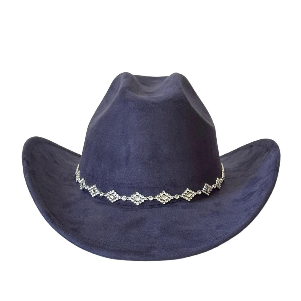 Rhombus Rhinestone Suede Cowboy Hat - Upturned Brim, Fluffy Design, Perfect for Parties or Gifts