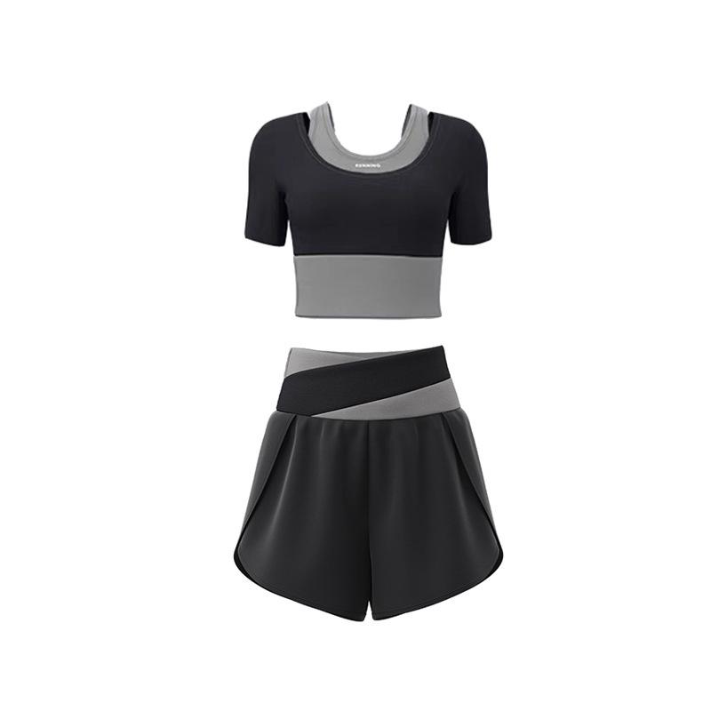 Anti-light shorts contrasting edge yoga suit women s fake two-piece short-sleeved top running fitness two-piece set S
