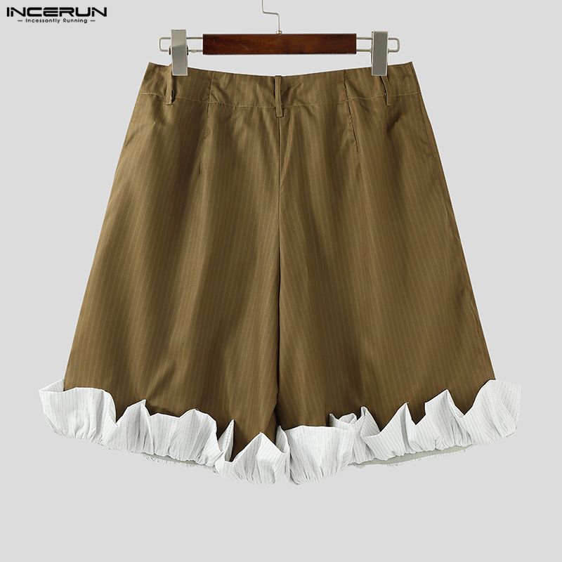 INCERUN Men Zip-up Waist Striped Ruffled Hem Loose Half Pants Shorts