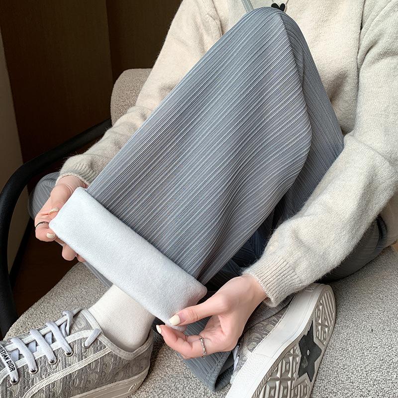 Narrow Vertical Striped Fleece Wide Leg Pants Women's Autumn and Winter Loose High Waist Straight Casual Pants Long Pants