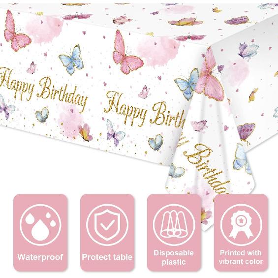 Tiamon 3 Pack Butterfly Happy Birthday Tablecloth Butterfly Party Decorations 108 x 54 Inch Watercolor Plastic Waterproof Table Covers Rectangular