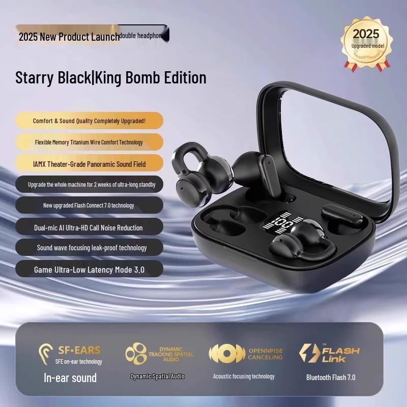 2025 Bluetooth Dual Earphones: Wireless Ear Clip, Semi-in-ear, Noise Reduction, Long Battery Life, Ideal for Running. Includes Two Pairs.