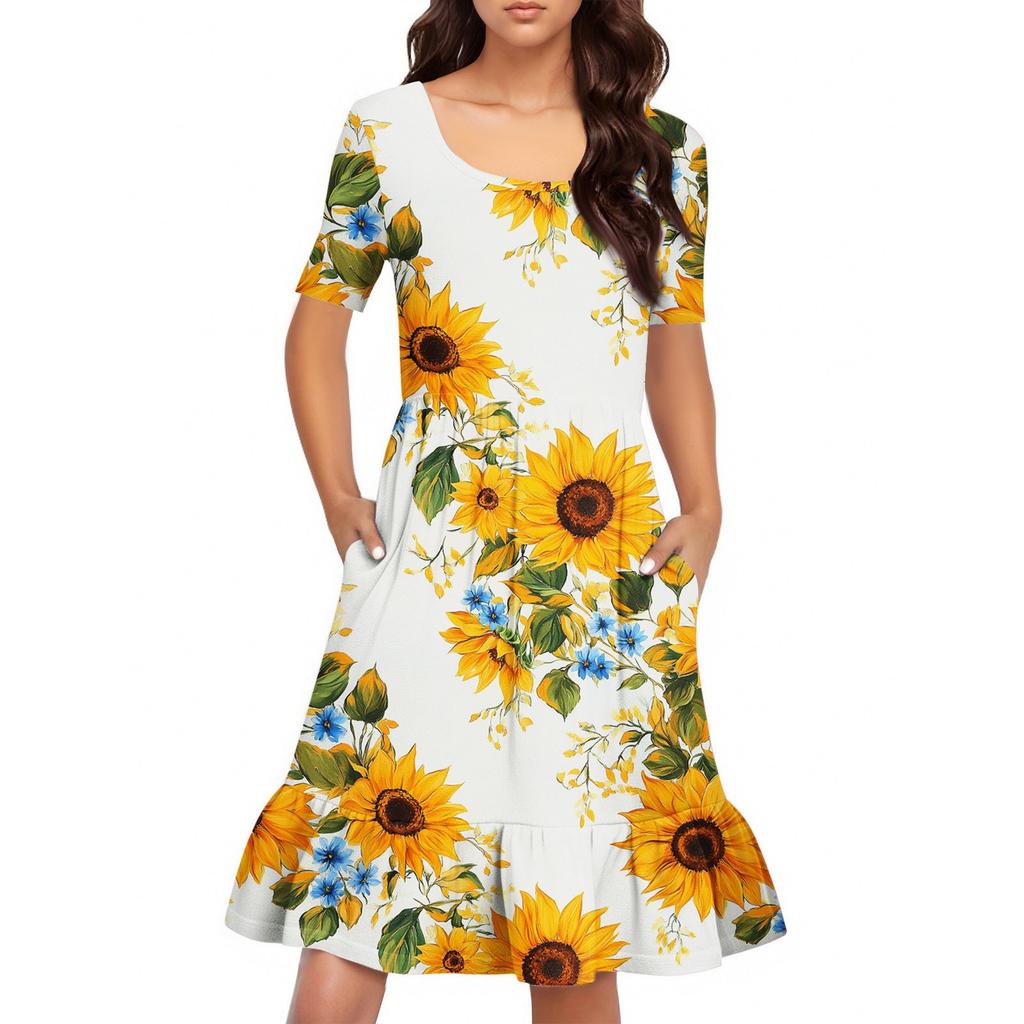 Damen Casual Rundhals Kurzarmkleid Lockeres Taillenplisseekleid Taillenplisseekleid