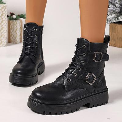 Mode Mode Schnalle Schwarz Motorradstiefel Damen PU Leder Plateau Stiefeletten Frau Übergröße 35-42 Dicke Sohle Schnürschuhe Mujer