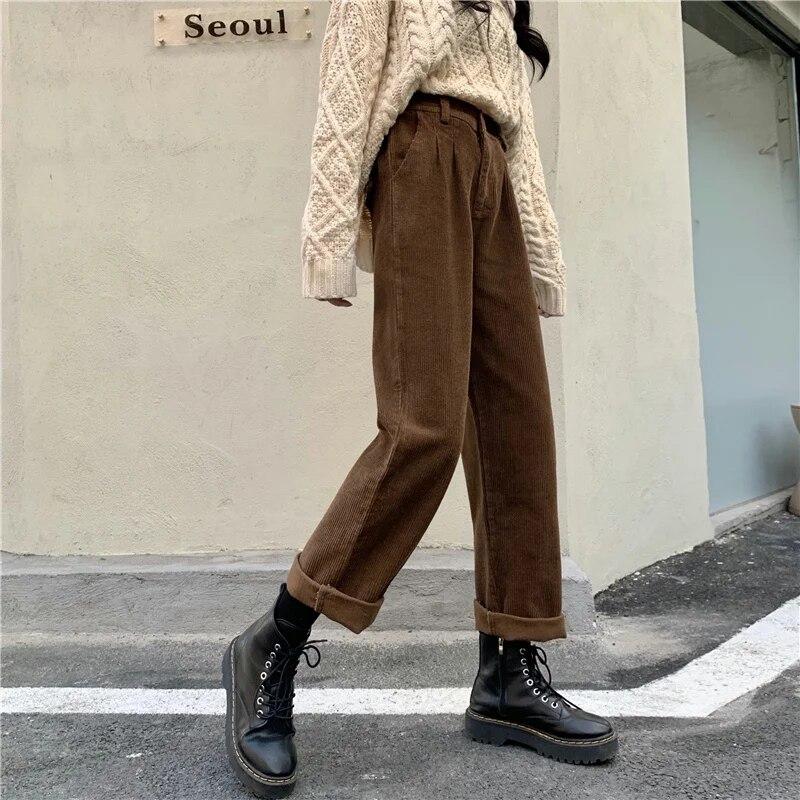 Pantalon Femme En Velours Côtelé Taille Haute - Coupe Droite Ample, Confortable Pour L'automne - 2