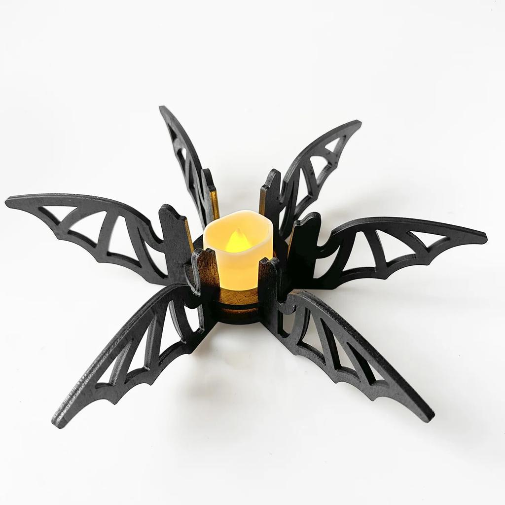 2024 Halloween Bat Candlestick Table Wooden Candlestick Black Bat Decorative Desktop Ornament