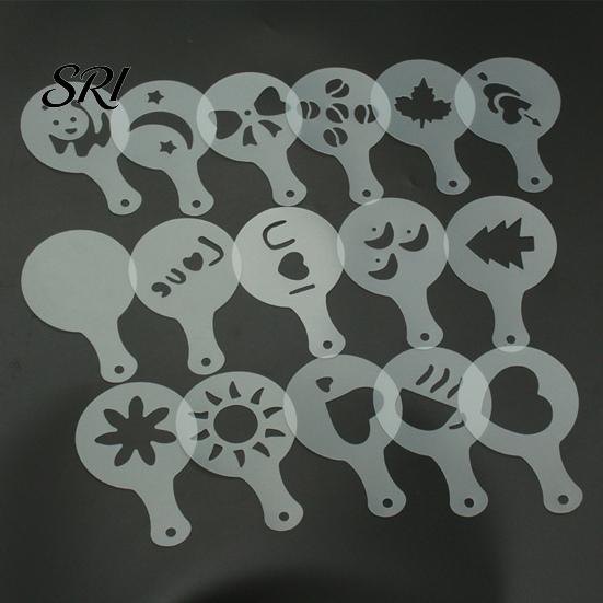 Set di 16 Stencil in Plastica per Latte Art, Stampi per Arte del Caffè con Manico Antiscivolo, Spessi, Riutilizzabili, Modelli per Cappuccino Caldo