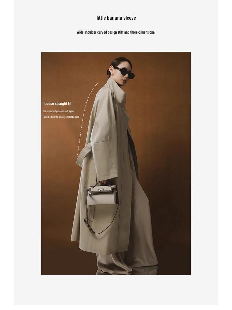 Rongtai Women's Tencel Drapey Trench Coat - Spring 2025 Collection, British Style with Tie-Waist and Stand Collar