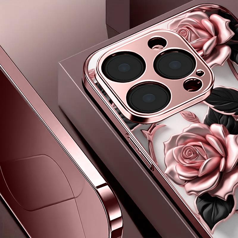 Pink Rose Pattern Metallic Tempered Glass Phone Case For iPhone 17 16 15 14 13 12 11 Pro Max 15 14 Plus 17 Air 17E Cover
