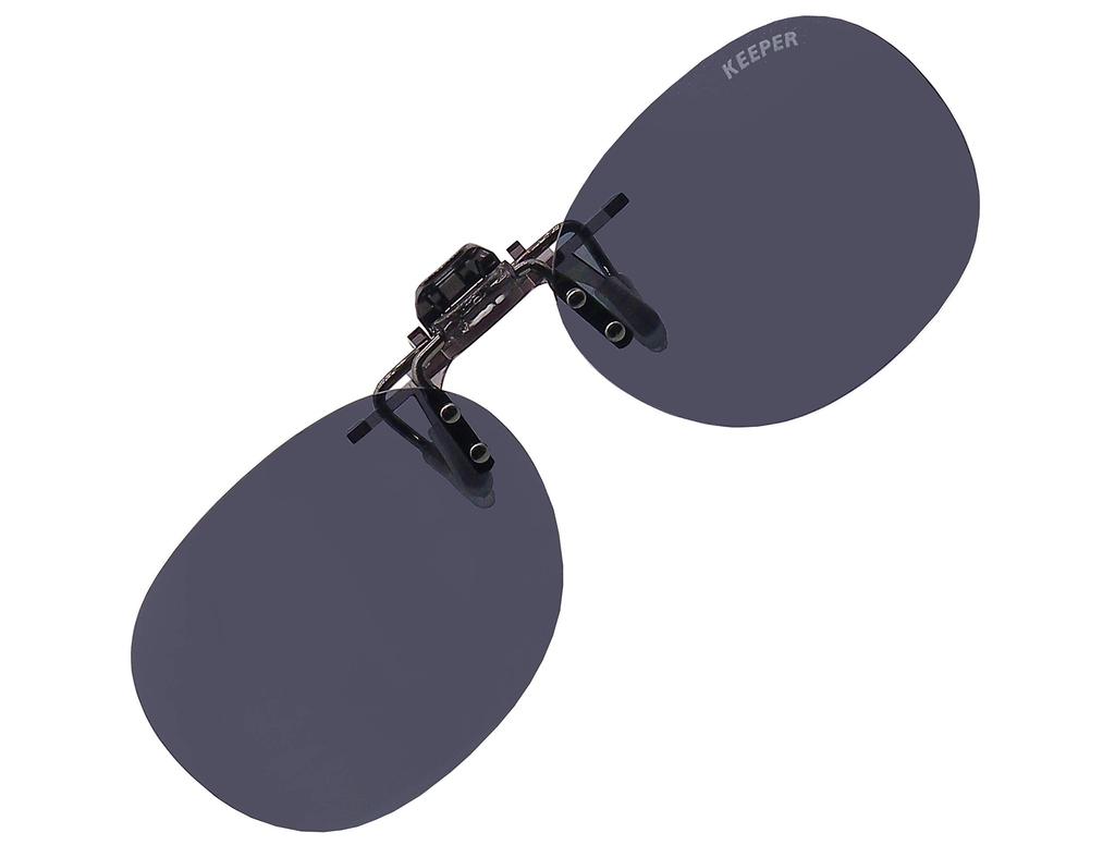 Keeper 9320-02, a Japanese-made polarized clip-on sunglasses apron that can be worn over glasses, offers UV protection, is ultra-lightweight, flip-up