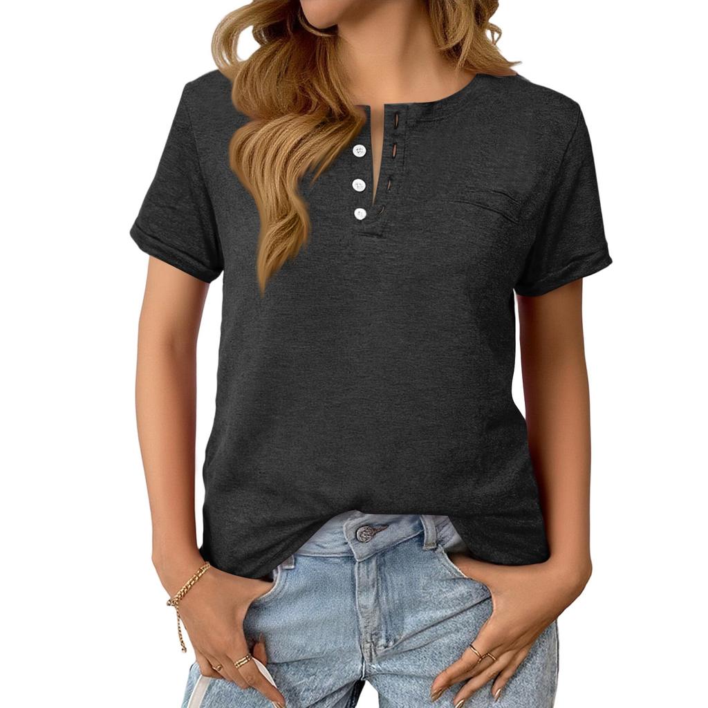 Women's Fashionable Casual Summer V-neck Button Short-sleeved Top