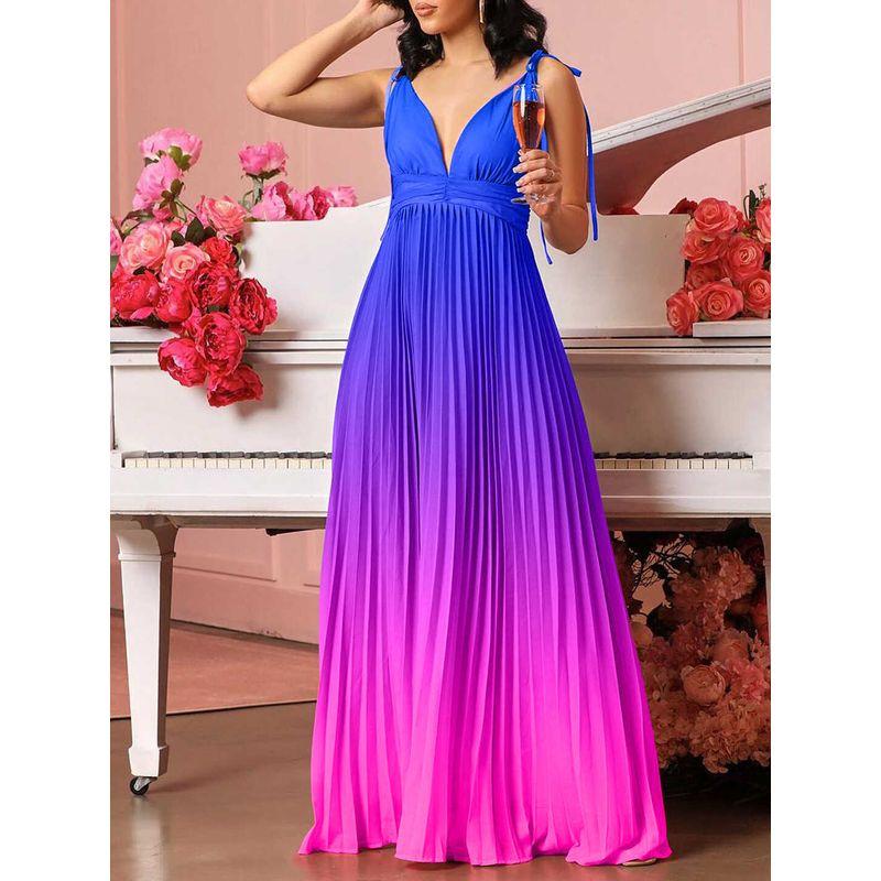 Long Skirt Dress Fashion V-neck Sexy High Waist Gradient Color Pleat Long dress Formal Dress Dress