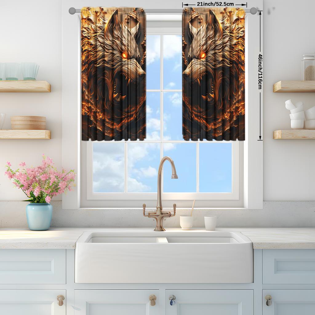 2pcs Fierce Wooden Carved Wolf Printed Curtain for Home Decor - Rod Pocket Window Treatment for Bedroom, Office, Kitchen