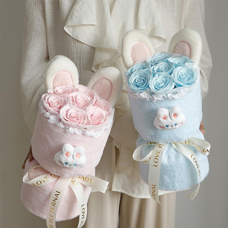 

1PC Rose Flower Bouquet Cute Flower Packaging Bucket for Birthday Gifts Plush Rabbit Ear Finished Soap Flowers рожевий