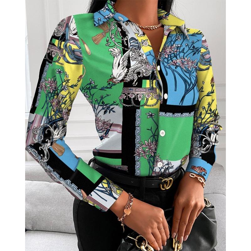 Podzimní volné dámské módní univerzální košile s dlouhým rukávem, výstřihem do V, potiskem na knoflíky