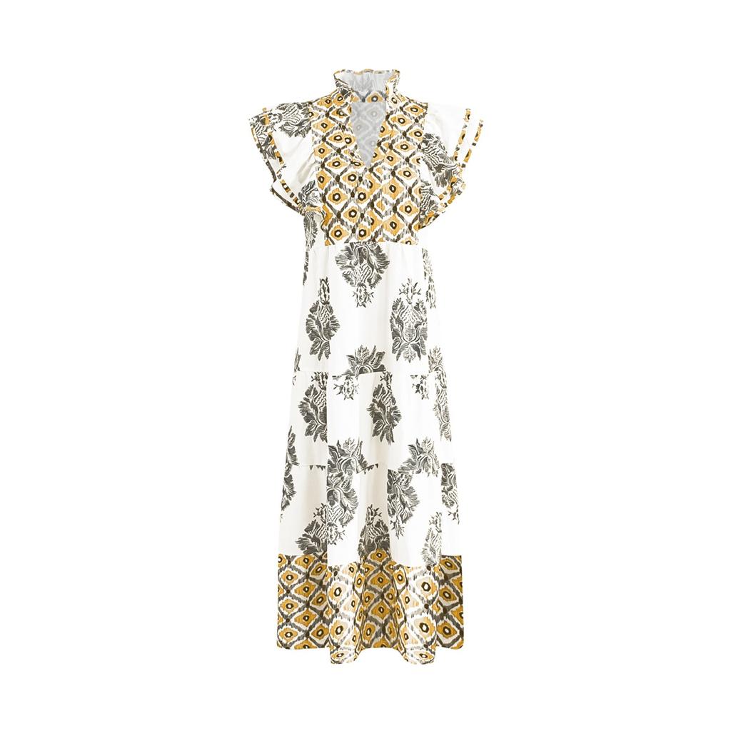 Women's Summer Flying Sleeves V-neck Dress Floral Print Stand Collar Midi Dress