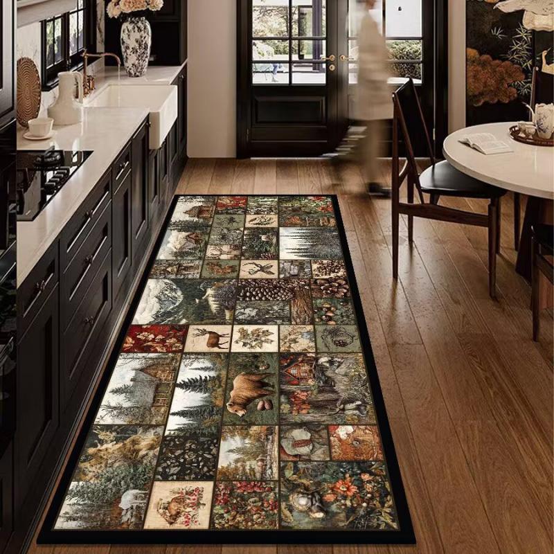 VIKAMA Vintage Forest Deer Runner Rug Mountain Lake Wildlife Non Slip Washable Long Floor Mat Farmhouse Kitchen Hallway Decor