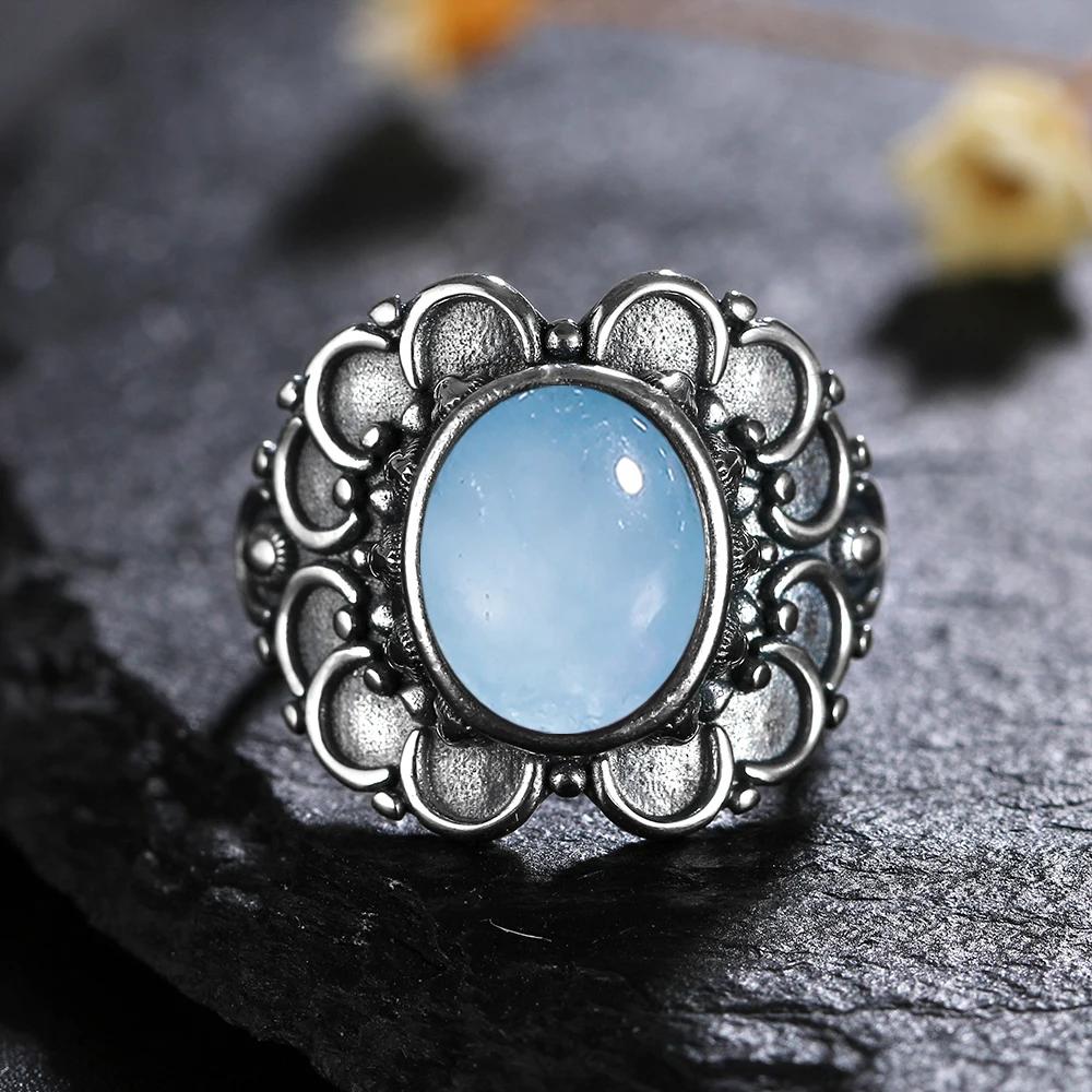 Natural 8*10MM Lapis Lazuli Finger Ring  Rings for Women Gift S Silver Flower Shaped Ring