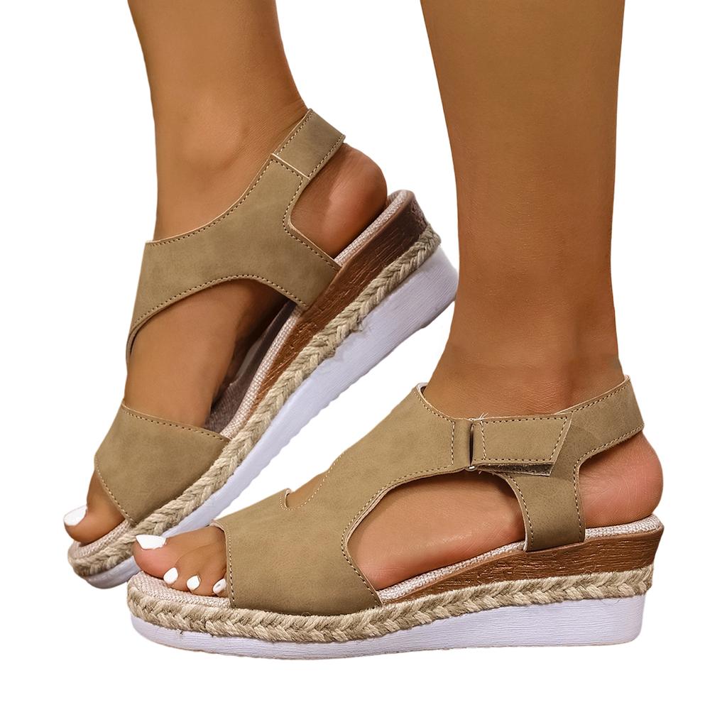 Women's Open Toe Wedge Sandals Adjustable Hook and Loop Closure Braided Jute Mid Heel Comfortable Casual Footwear