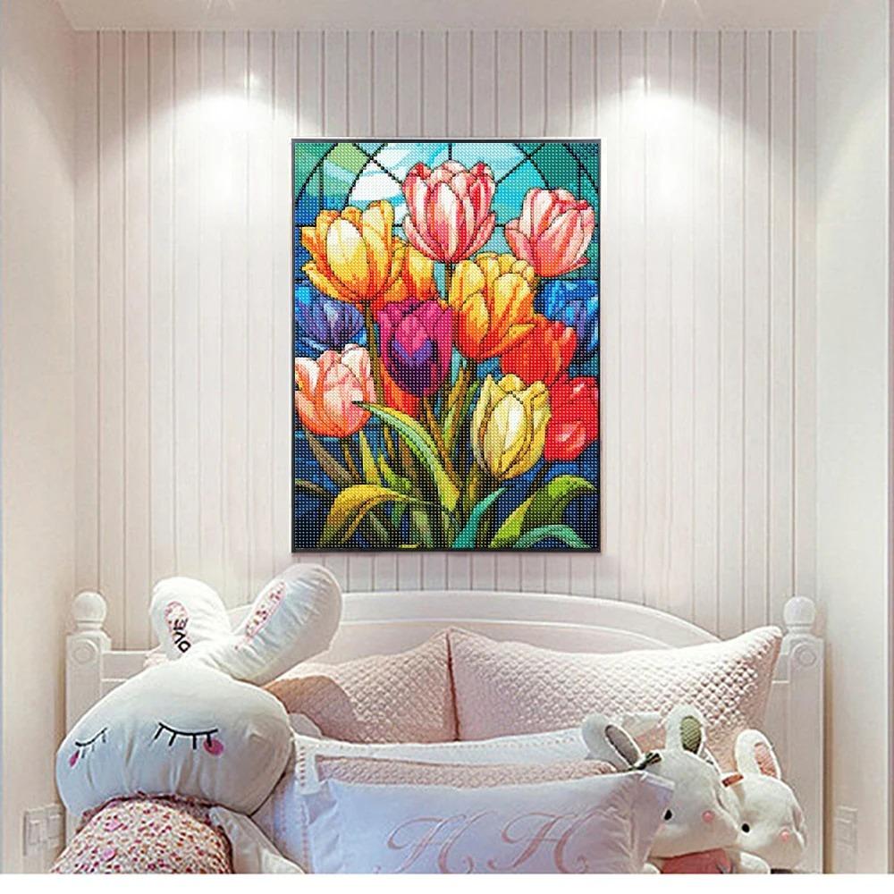 Pittura Diamante 5D Fai da Te Fiore di Tulipano Diamante Rotondo Completo Mosaico Ricamo Kit Punto Croce Decorazione Casa Arte Hobby Regali